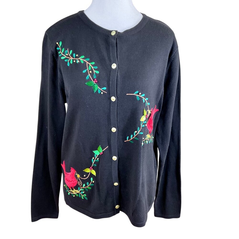 Classic Elements Sweater Cardigan Holiday Christmas Cardinal Black Red Multi (M)